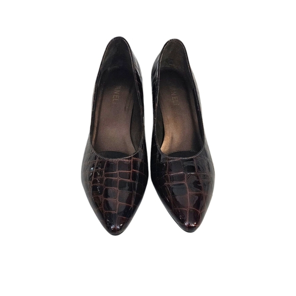 Vaneli Dark Brown Croc Effect Pointed Toe Heels - Picture 3 of 11